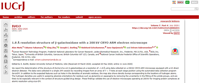 JEOL 200kV冷冻电镜下，1.8 Å分辨率的β-galactosidase结构